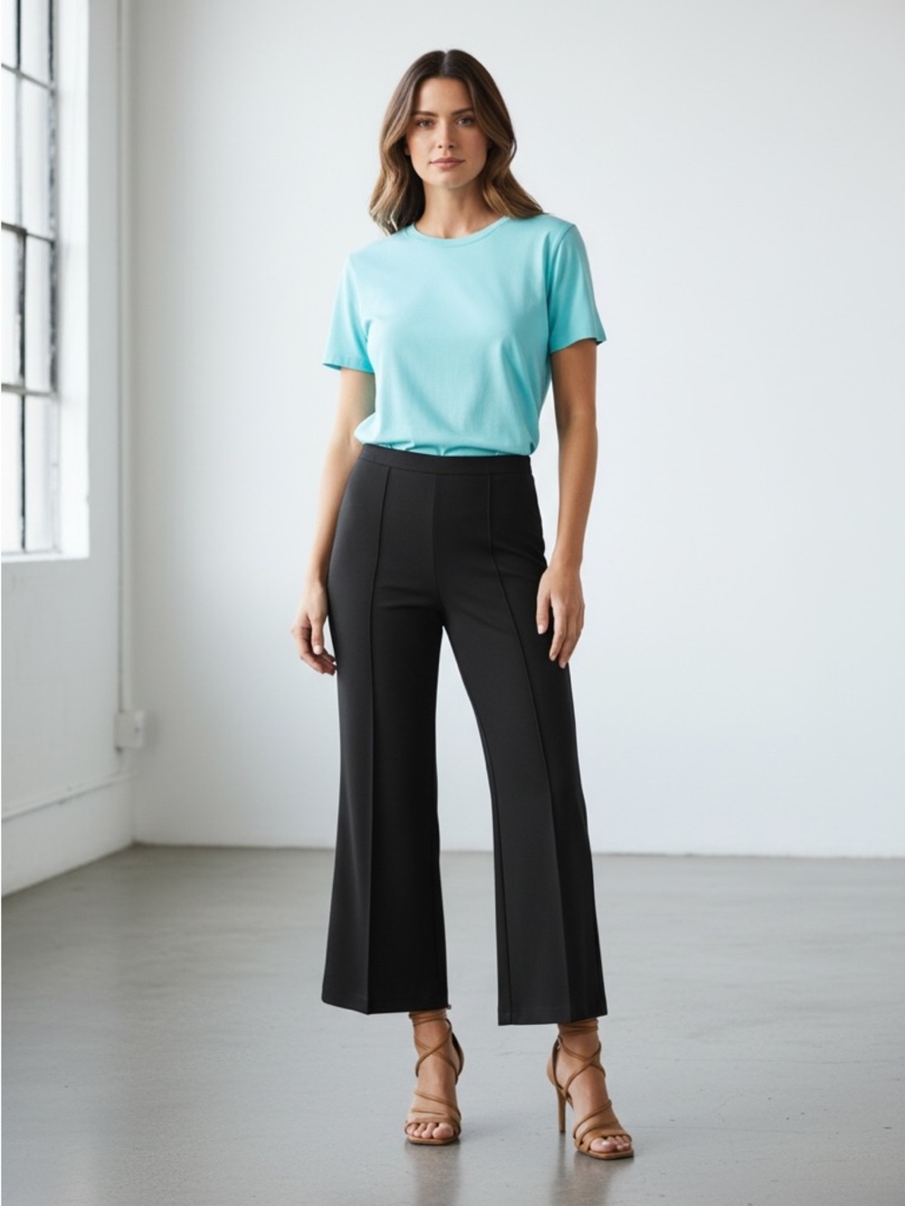 936 • Black Rayon Blend Heavy Ponte High Waist Petite Inseam Wide Leg Pants